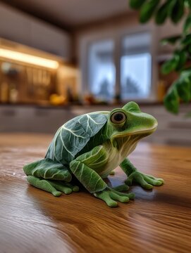 Surreal Hybrid Creature of Green Frog with Cabbage Leaf Skin Sitting on Wooden Kitchen Counter Photo.