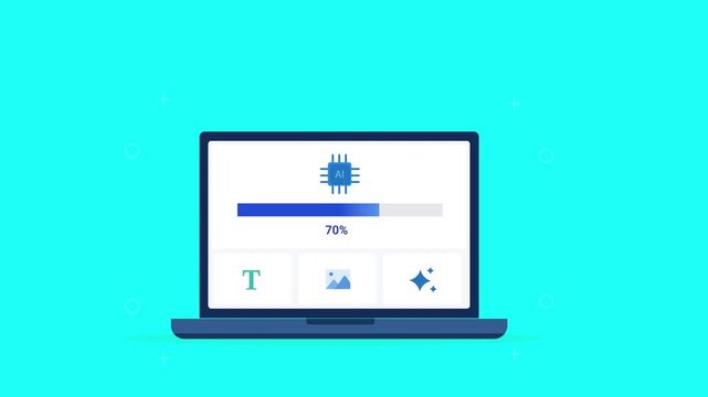 Modern flat vector animation of a laptop displaying a processor system interface with chip icon, text element, progress bar, and performance indicators. Ideal for computing, software, and technology p