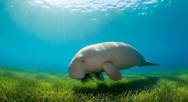 A solitary dugong swimming gracefully over a lush green seagrass meadow in clear blue tropical water with bright sunbeams filtering through the ocean surface from above.