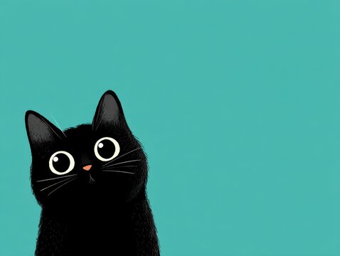 Curious Black Cat Cartoon Illustration on Teal Background