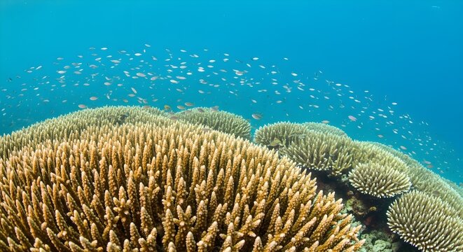 Vibrant Tropical Coral Reef with School of Small Fish in Clear Blue Ocean Water