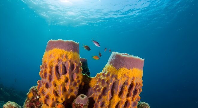 Vibrant tropical reef with tube sponges and colorful fish underwater