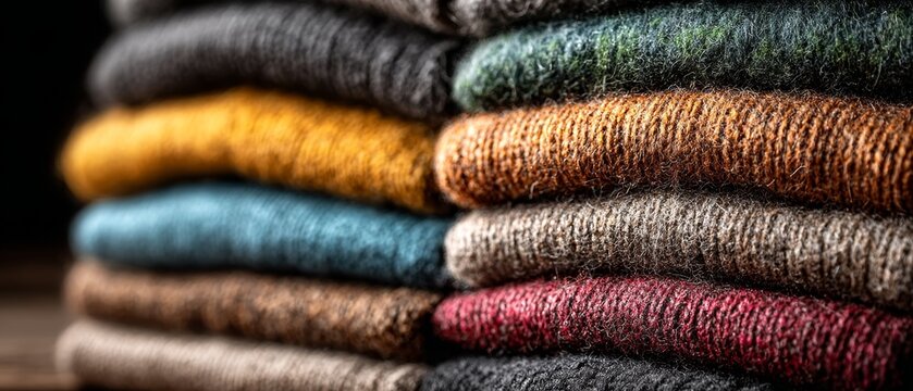 A close-up view of stacked woolen sweaters in warm autumnal tones serves as a cozy background for fashion and textile concepts.