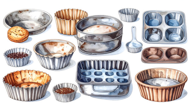 Baking pans and molds standing in a varied arrangement look professional detailed and full of metallic kitchen celebration watercolor illustration generative AI