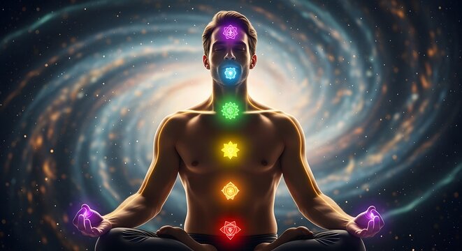 Meditating Human Silhouette With Glowing Chakras And Cosmic Energy Background