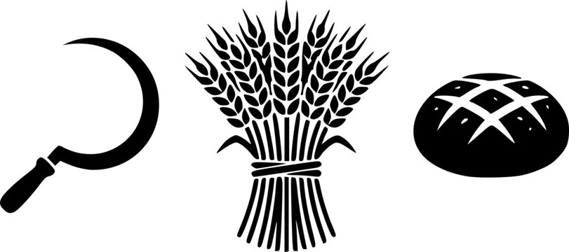 Sickle wheat sheaf and bread icon set illustration, black silhouette harvest design elements on white background