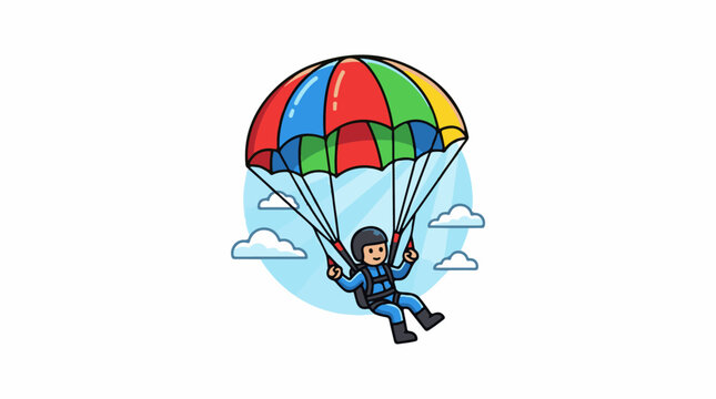 A cartoon illustration of a person in a blue jumpsuit and black helmet parasailing through the air with a multicolored parachute
