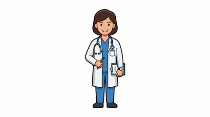 Fototapeta premium A cartoon illustration of a smiling female doctor wearing a white lab coat, blue scrubs, and a stethoscope