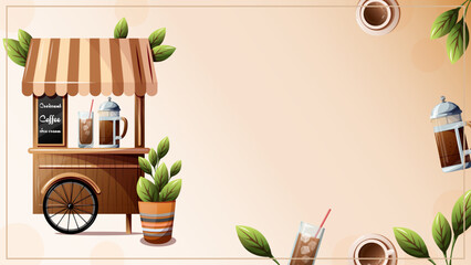 Mobile coffee shop banner template with street food cart kiosk, french press and iced drink, cafe or restaurant horizontal background. © Svetlana Ruin