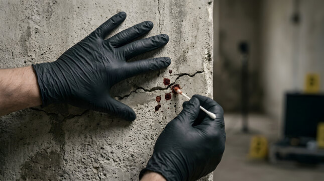 forensic investigator swabbing blood spatter on wall for DNA evidence collection at crime scene
