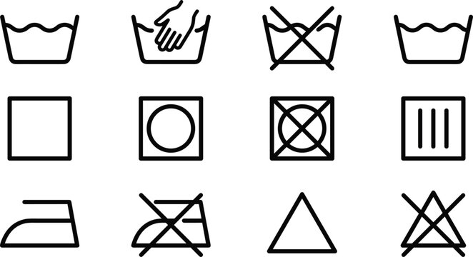 Laundry care instruction line icons set with fabric washing drying ironing bleaching and garment textile maintenance symbols