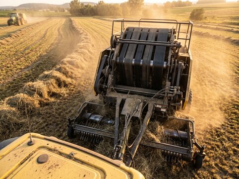 Agricultural round baler machine working in field at sunset.