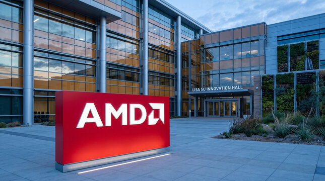 The AMD logo is seen at the Lisa Su Innovation Hall at the corporate headquarters campus. AMD is a global technology leader providing computer processors and high-performance graphics solutions.