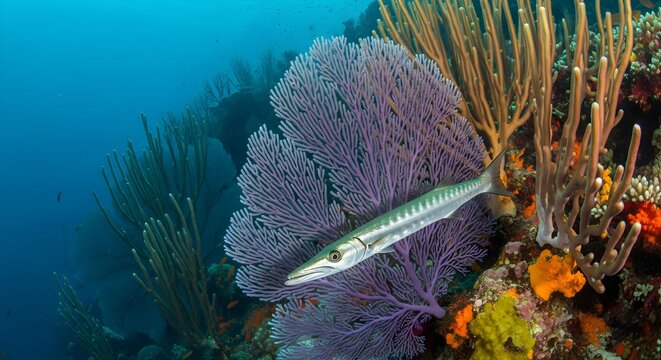 A slender silver barracuda swims gracefully past a vibrant purple sea fan gorgonian and colorful orange sponges on a tropical coral reef in clear blue Caribbean ocean water.