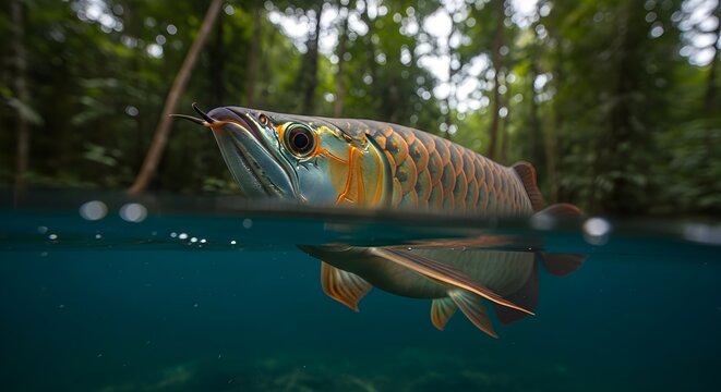 A split-level photograph of a large Arowana fish swimming in a tropical river, showing both the underwater view and the lush green jungle forest above the water surface.