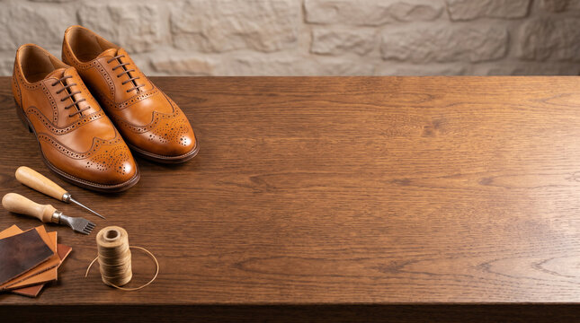 Pair of classic mens brown leather brogue shoes with intricate detailing and shoemaking tools on a rustic wooden table with copy space for text or product display