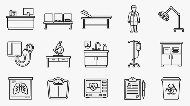 Dynamic Black and White Line Icons Set Featuring Medical Clinic Equipment and Healthcare Symbols