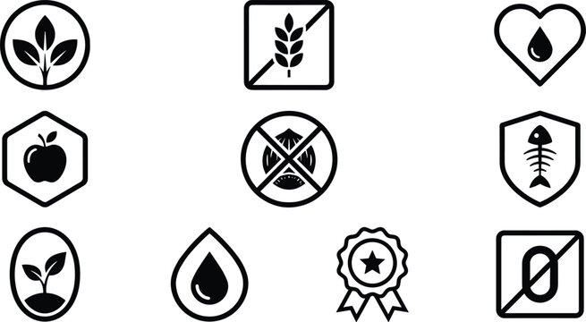 Food allergens and organic product line icons set with gluten free vegan non gmo and zero sugar symbols