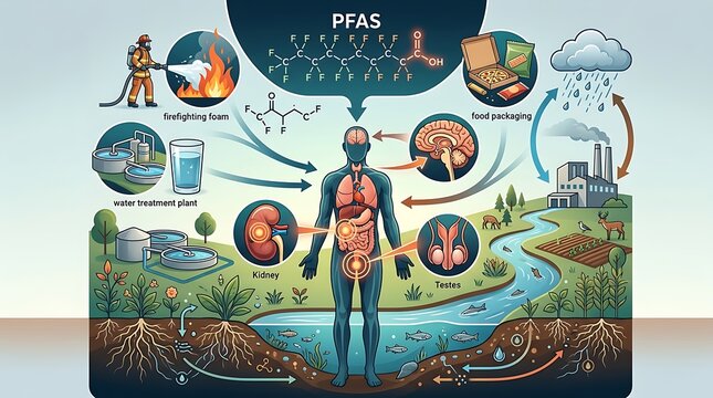 Pfas environmental cycle and human health impacts infographic