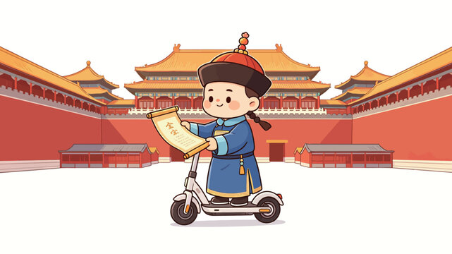 A cute cartoon official rides a modern scooter through a traditional Chinese palace courtyard, holding an ancient scroll with a joyful and whimsical mood.