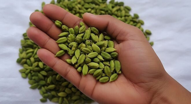 Green cardamom pods, aromatic spice, hand holding, culinary ingredients, food