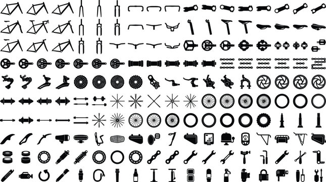 Bicycle parts glyph icons set with bike frame pedals chain wheels tires seat handlebars and repair tools