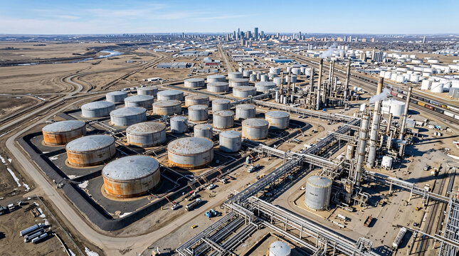 A panoramic aerial view of a massive oil refinery facility with many storage tanks and pipelines Isolated