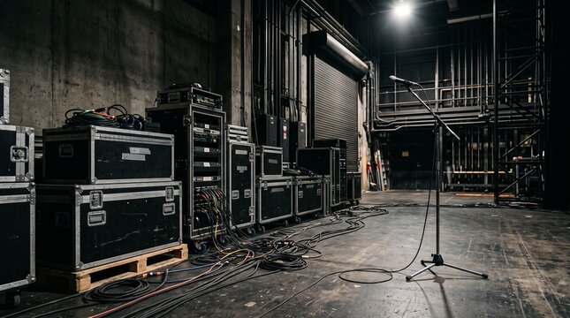 Backstage Theater Storage with Flight Cases and Microphone Stand in Industrial Setting