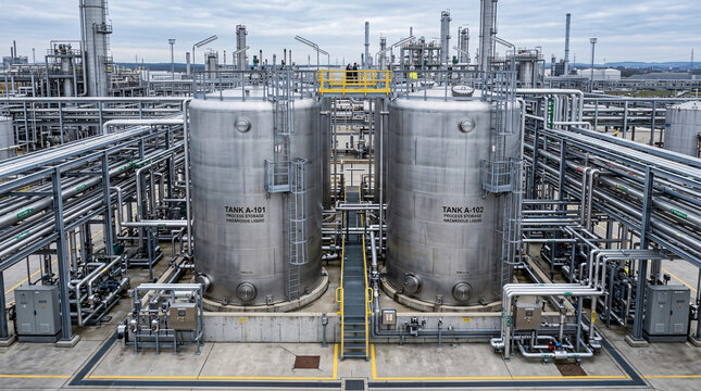 Two large cylindrical stainless steel industrial tanks labeled A-101 and A
