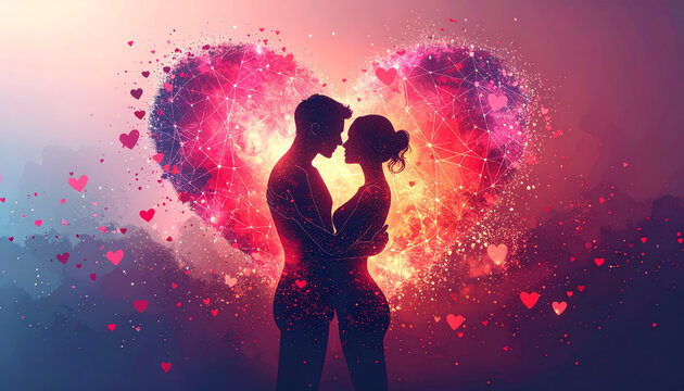 Human silhouettes hugging releasing pink hearts and oxytocin formulas creating romantic healing intimate atmosphere generative AI