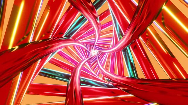 Futuristic loop of flying through a vibrant neon triangular tunnel with colorful metallic bands. 3D rendering