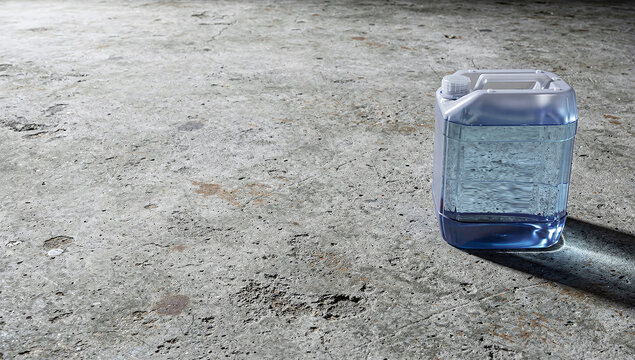 Side view of transparent plastic jerrycan canister filled with blue liquid on concrete floor background