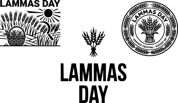 Lammas Day logo set with wheat sheaf icon and grain field illustration, circular badge and stacked text design on white background