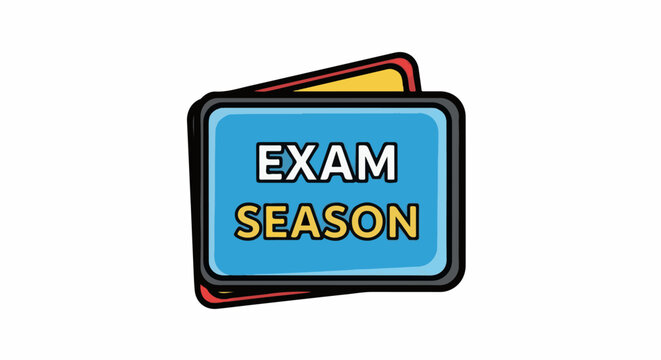 A blue rectangle with rounded corners and a black outline, featuring the words "EXAM" and "SEASON