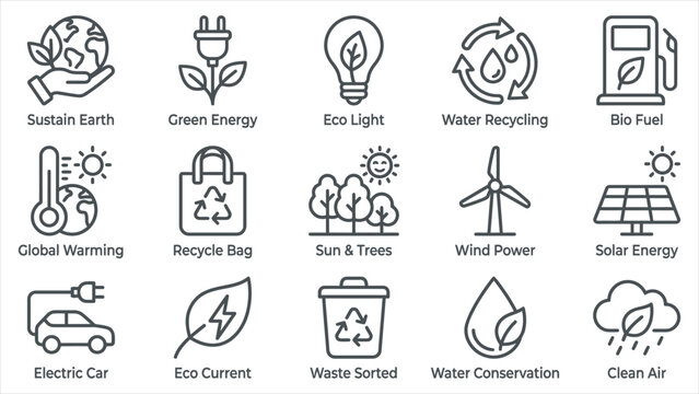 Minimalist Eco-Friendly and Green Energy Line Icon Set for Sustainability, Environmental Conservation, and Renewable Technology Designs