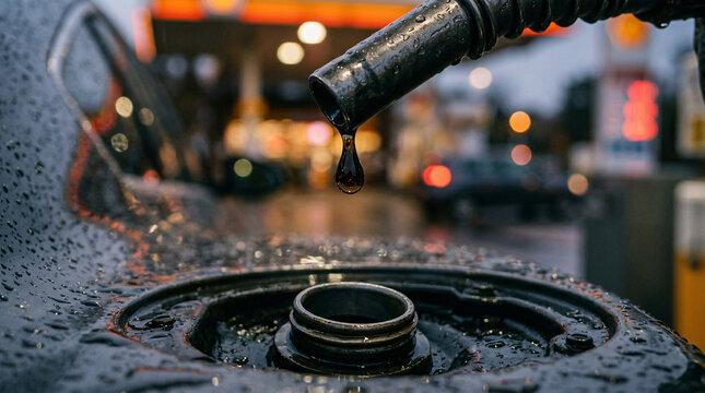A close-up view of a metal gasoline nozzle dripping a dark liquid into an open car fuel tank inlet