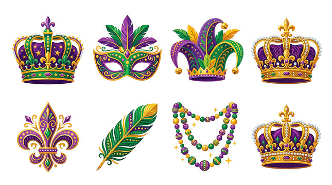 Mardi gras elements collection crowns masks feathers and beads