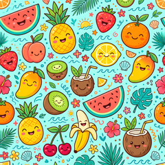 Fototapeta premium Vibrant summer fruit pattern with smiling cartoon fruits and tropical leaves on blue background