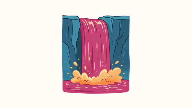 Vibrant Flat-Vector Illustration of a Stylized Pink Waterfall with Yellow Splashes Between Blue Cliffs, Displaying Simplified Nature, Dynamic Flow, and Modern Graphic Design Aesthetics