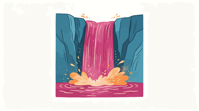 Vibrant Vector Art of a Surreal Waterfall Cascading into a Pool with Bold Pink Flow Against Deep Blue Cliff Walls and Splashing Orange Highlights.