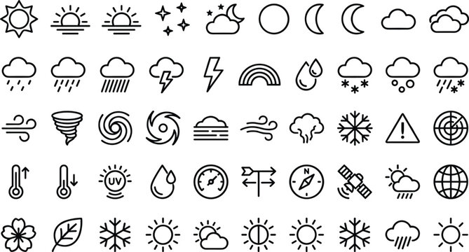 Weather icon set collection with outline symbols for sun moon rain snow wind storm and temperature forecasting