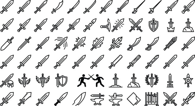 Medieval sword line icons set featuring fantasy weapon blade combat shield blacksmith isolated on white background.