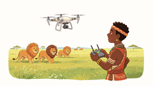 African tribal woman operating a drone to observe lions and wildlife in the vast savanna landscape during daytime.