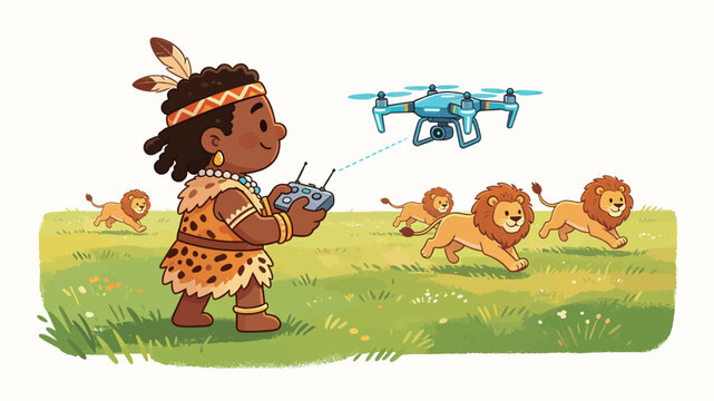 A Native American boy in traditional feathers and leopard-print clothing joyfully operates a blue remote-controlled drone to photograph a group of playful lions on a sunny grassy plain.