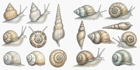 Watercolor illustration set of various garden snails and their shells, showcasing different shapes and perspectives on a transparent background. © Ytaja
