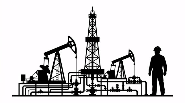 A detailed black silhouette illustration of oil drilling equipment and an industrial worker