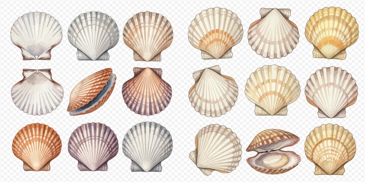 Set of various scallop shells in different colors and angles, isolated on a transparent background.