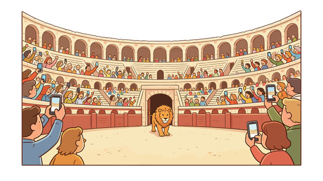 A Vibrant Cartoon Illustration of a Happy Lion in an Ancient Amphitheater, Surrounded by an Excited Crowd of Spectators Taking Photos