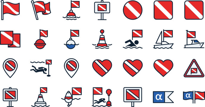 Scuba diving flag icons set featuring red white diver down maritime warning symbols isolated on white background.