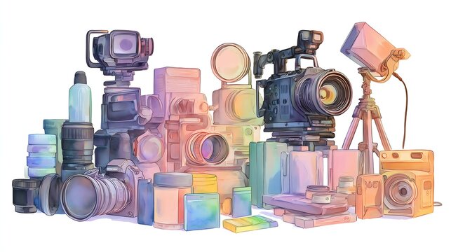 Colorful watercolor illustration of filmmaking tools with camera lens and memory cards, isolated on white background, modern media production and content creation concept.